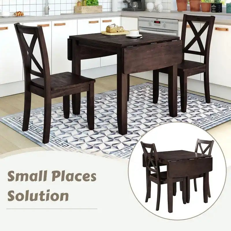 3-teiliges Essgruppe-Set aus Holz mit klappbarem Frühstückstisch und 2 X-Back-Stühlen für kleine Räume