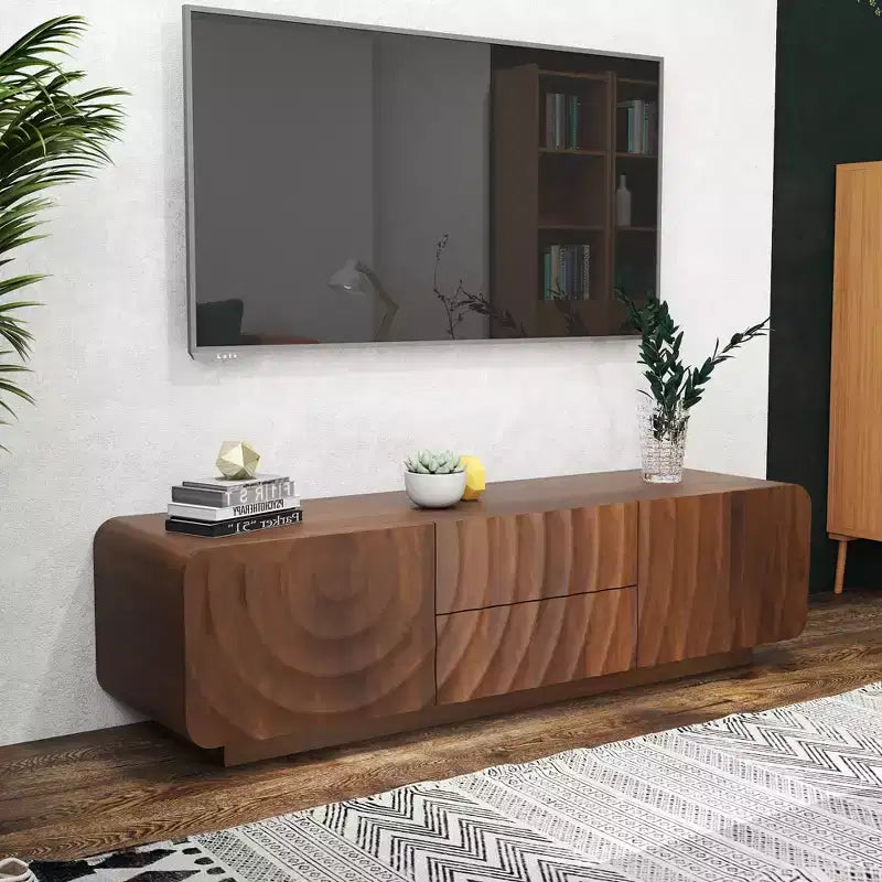 JVNOXK 58-Zoll-TV-Board, Mid-Century-Spiralwellendesign, mit Stauraumschrank und zwei Schubladen, geeignet für Wohnzimmer oder Schlafzimmer, Walnuss