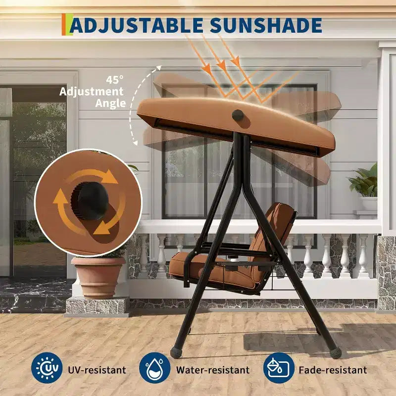 Verstellbarer Outdoor-Doppelsitz-Schaukelstuhl mit Sonnendach, gepolsterter Sitzfläche und robustem Eisengestell – wetterbeständige Gartenbank für Terrasse, Balkon oder Garten