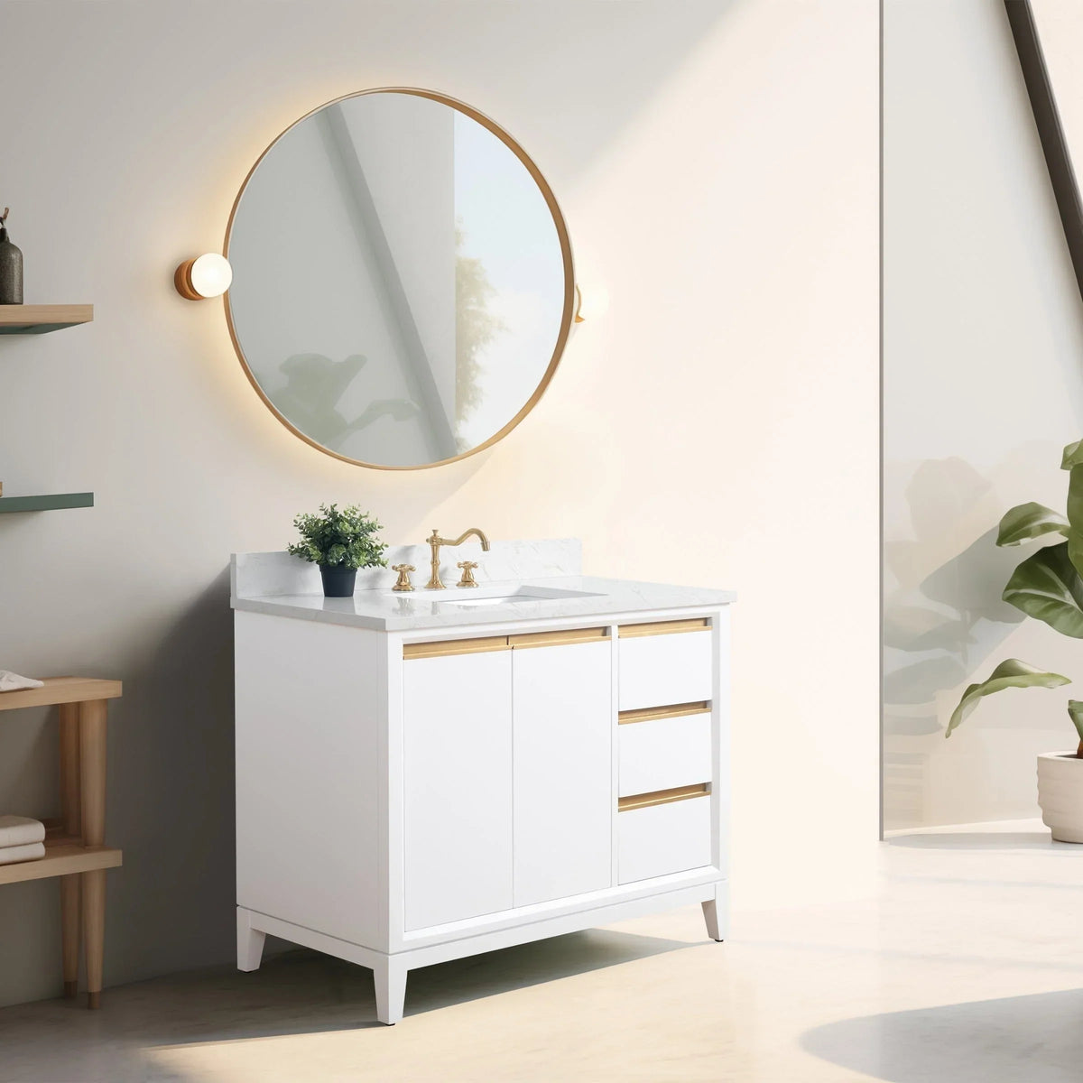 Vanity Art Badezimmerschrank mit Keramikwaschbecken und Platte aus technischem Marmor