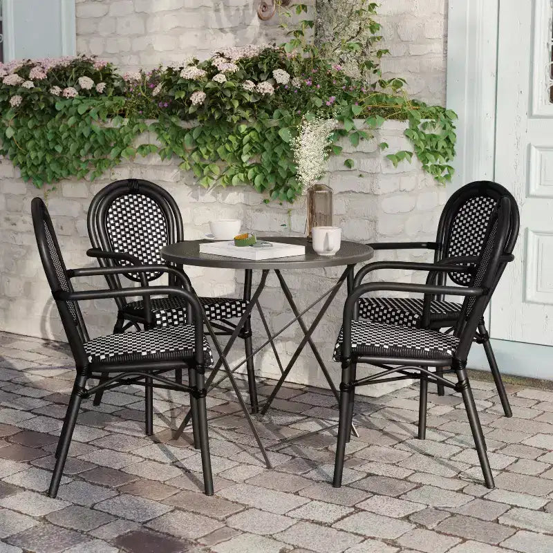 Flash Furniture 4er-Set Lourdes Indoor/Outdoor Gastro-Bistro-Stapelstuhl mit Armlehnen im Thonet-Stil, PE-Rattan und Aluminiumgestell