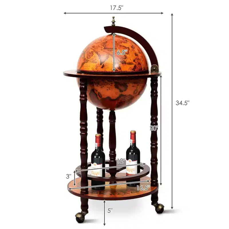 Costway 17,5" Weinbar-Globus aus Holz, italienischer Getränkeschrank im Stil des 16. Jahrhunderts, Flaschenregal