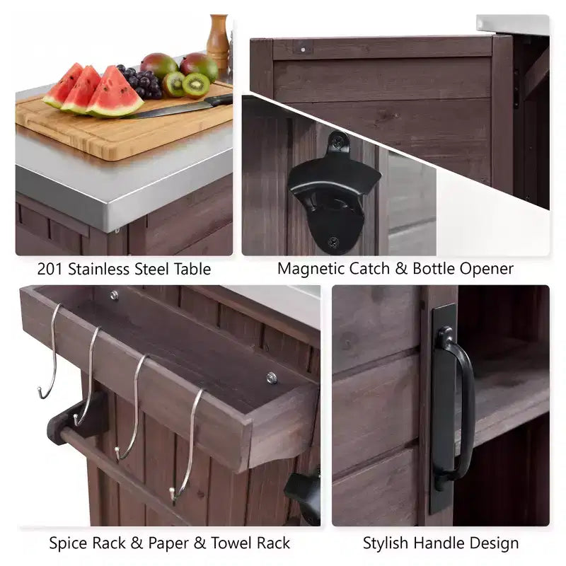 Outdoor-Kücheninsel mit klappbarem Seitentisch, Outdoor-Grillwagen mit Edelstahlplatte, versteckter Müllschrank für Rasen & Garten
