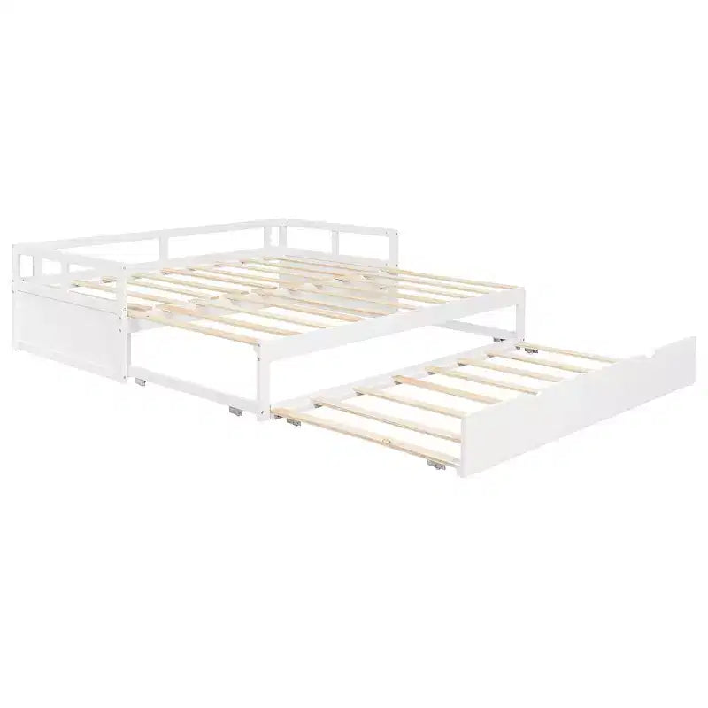 Okak Twin Size ausziehbares Design-Tagesbett mit Bettkasten/Schubladen & Sicherheitsgitter, Massivholz-Plattformbettgestell für Teenager, Erwachsene