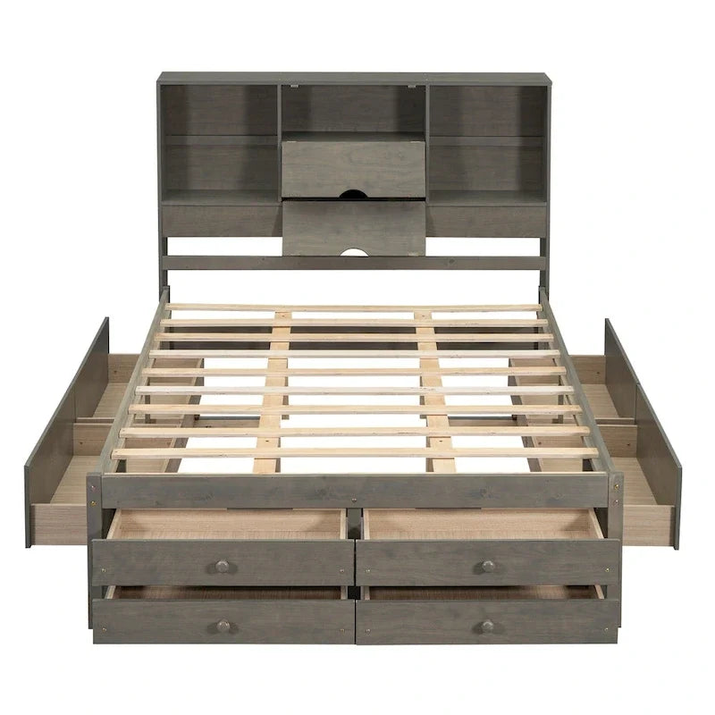 Graues modernes Queen-Size-Holzbett mit Stauraum-Kopfteil und 8 Schubladen