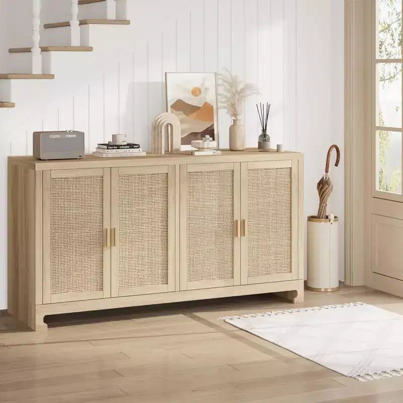 4-türiger Aufbewahrungsschrank aus Geflecht, Buffet-Sideboard mit Ablage, Kaffeebar-Konsole für Küche, Ess- & Wohnzimmer, 36H