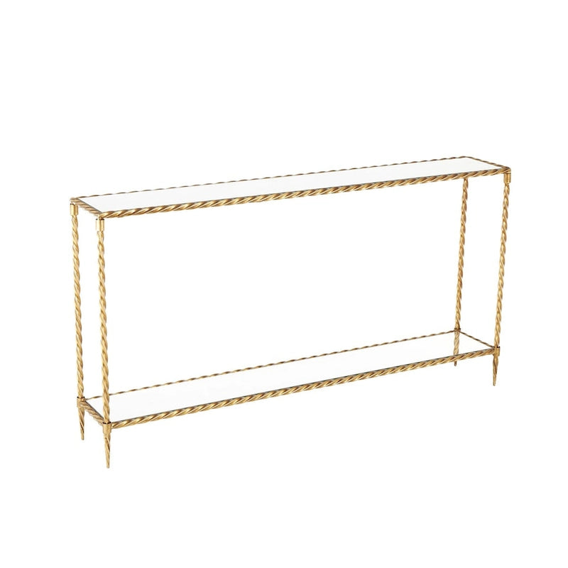 Konsole mit 1 Ablage im Stil eines gedrehten Metallseils mit verspiegelter Glasplatte und Ablage - Gold - Roche River Decor