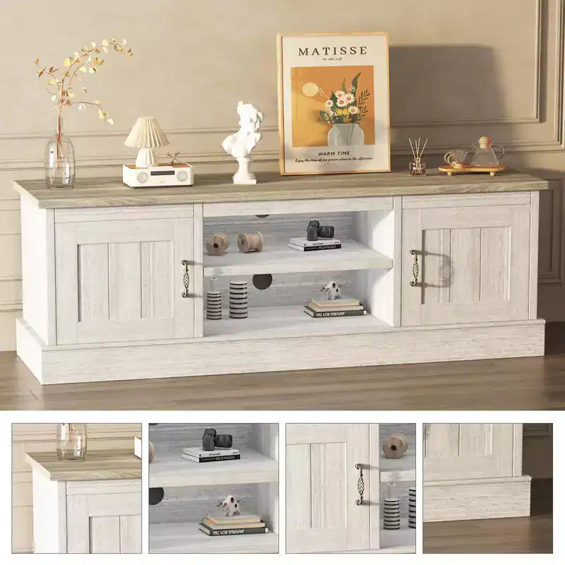 Moderner TV-Schrank für 65-Zoll-Fernseher, rustikales Entertainment-Center aus Holz mit geräumigen Aufbewahrungsschränken, Medienkonsole für Wohnzimmer und Büro