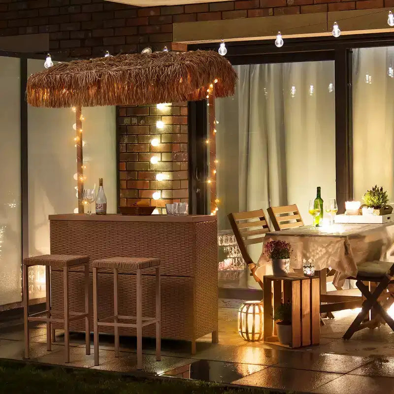 EROMMY Outdoor Tiki-Bar-Set, Rattan-Terrassenbar mit 2 Barhockern, Ablagefach für Hinterhof, Poolbereich und Garten
