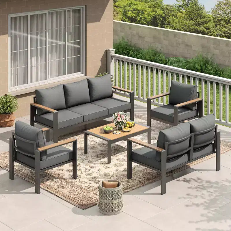 Aluminium-Terrassenmöbel-Set, Outdoor-Ecksofa mit 5 dicken Kissen, 4 Armlehnen & Couchtisch für Garten, Terrasse, Hinterhof