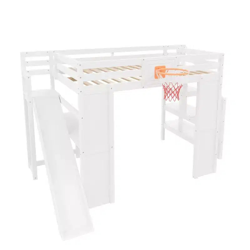 Luxystar Komplettes Hochbett aus Holz mit Schreibtisch, Rutsche, Basketballkorb und Aufbewahrungstreppe für Kinder und Jugendliche