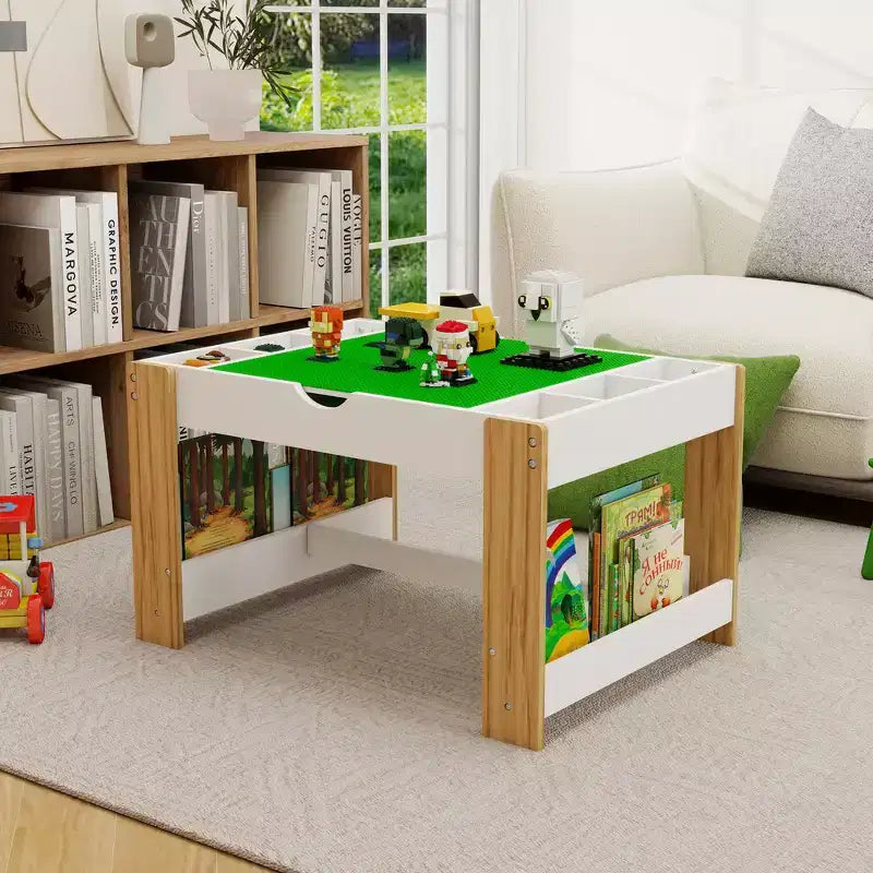 Kinder 2-in-1 Aktivitätstisch mit 7 Aufbewahrungsfächern - LEGO-kompatibler Baustein- & Whiteboard-Tisch, Weiß & Grün