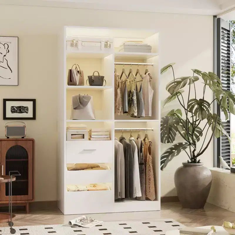 Schrank-Organizer mit Holzschubladen, freistehendes Schranksystem mit Kleiderstangen