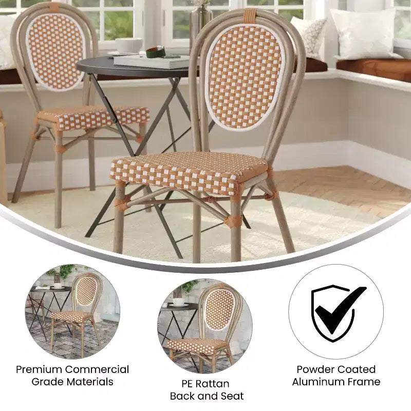 Flash Furniture Lourdes stapelbarer Thonet-Bistrostuhl für den gewerblichen Innen- und Außenbereich, PE-Rattan und Aluminiumgestell