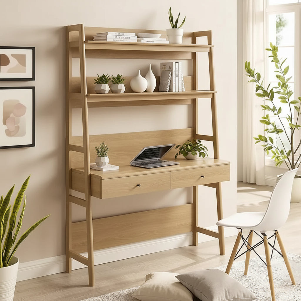 Schreibtisch mit Bücherregal und Schubladen