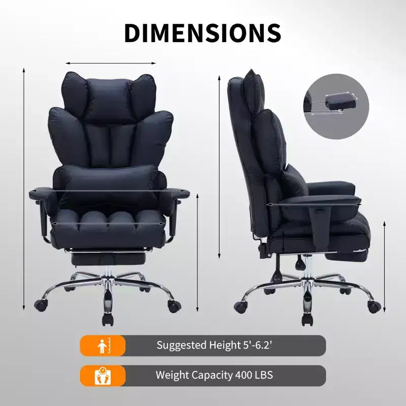 Großer Bürostuhl für große Personen mit Fußstütze, Gaming-Stuhl mit hoher Rückenlehne, Leder-Chefsessel, ergonomischer Schreibtischstuhl mit Lendenwirbelstütze