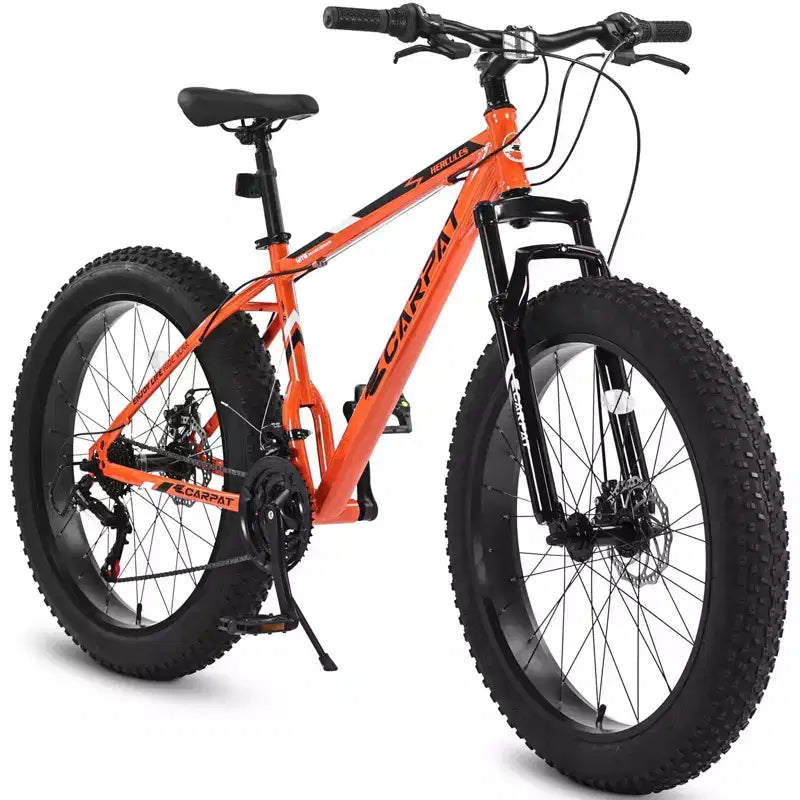 NAYSAYE Fahrrad 26 Zoll Fatbike 21 Gänge Vollsynchronschaltung für Erwachsene und Jugendliche für den Offroad-Einsatz, Orange, 74*25*41