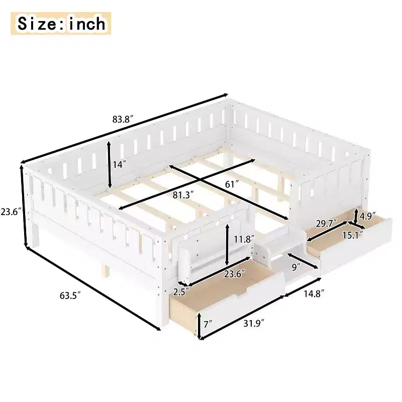 Bellemave Queen-Size-Kleinkindbett mit 14 Sicherheitsgeländern, platzsparender Bettrahmen mit integrierten Bücherregalen & 2 Schubladen unter dem Bett