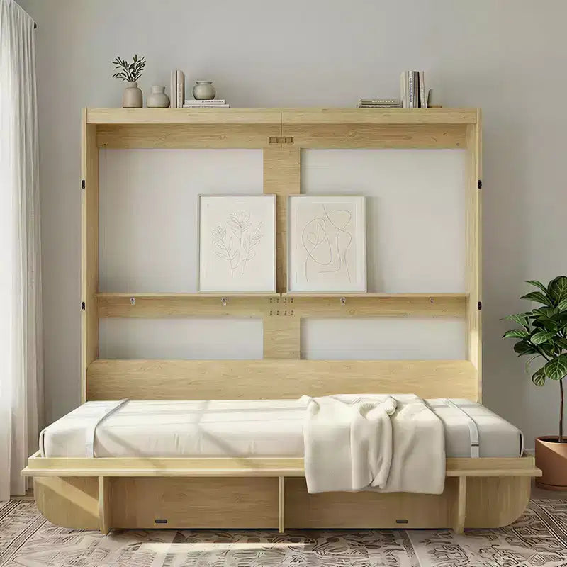 2-in-1 Unsichtbares Murphy-Bett mit Ablagefächern, Queen-Size, Naturholz (Matratze nicht enthalten)