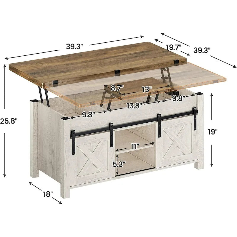Couchtisch mit Hubplatte, 2 Schiebetüren im Scheunentor-Design und Stauraum, Esstisch