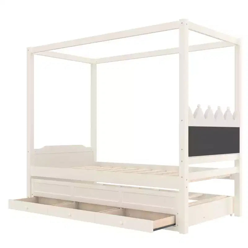 Doppel-/Einzelbett-Plattformbett mit Ausziehbett, Prinzessinnen-Himmelbett aus Holz mit 3 Schubladen, Stauraumbett mit gepolstertem Kopfteil für das Schlafzimmer