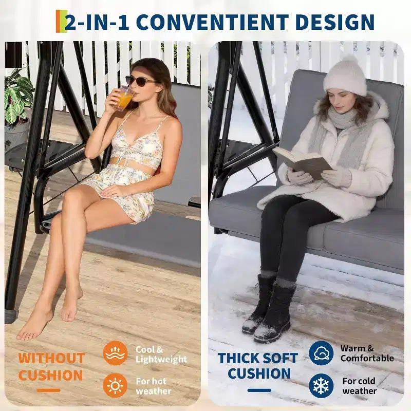 Verstellbarer Outdoor-Doppelsitz-Schaukelstuhl mit Sonnendach, gepolsterter Sitzfläche und robustem Eisengestell – wetterbeständige Gartenbank für Terrasse, Balkon oder Garten