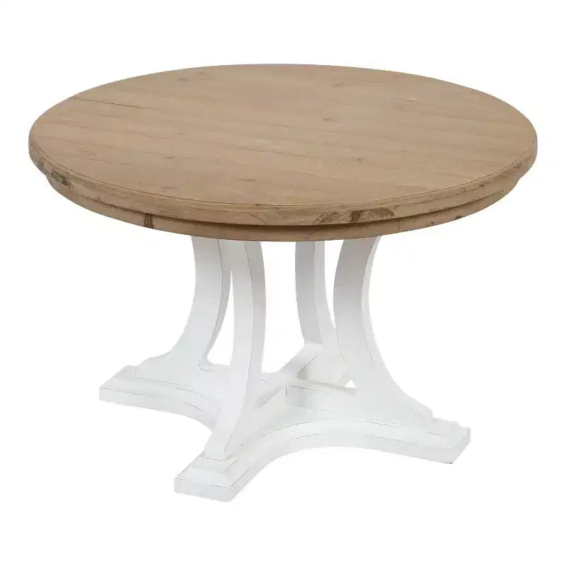 Runder Couchtisch aus Holz, rustikales Braun und Weiß, Kreuzfußgestell