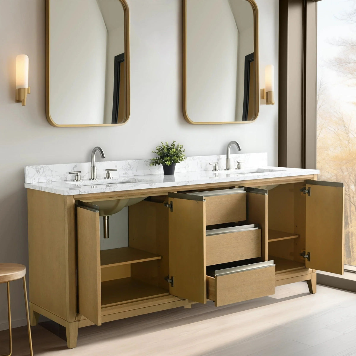 Vanity Art Badezimmerschrank mit Keramikwaschbecken und Platte aus technischem Marmor