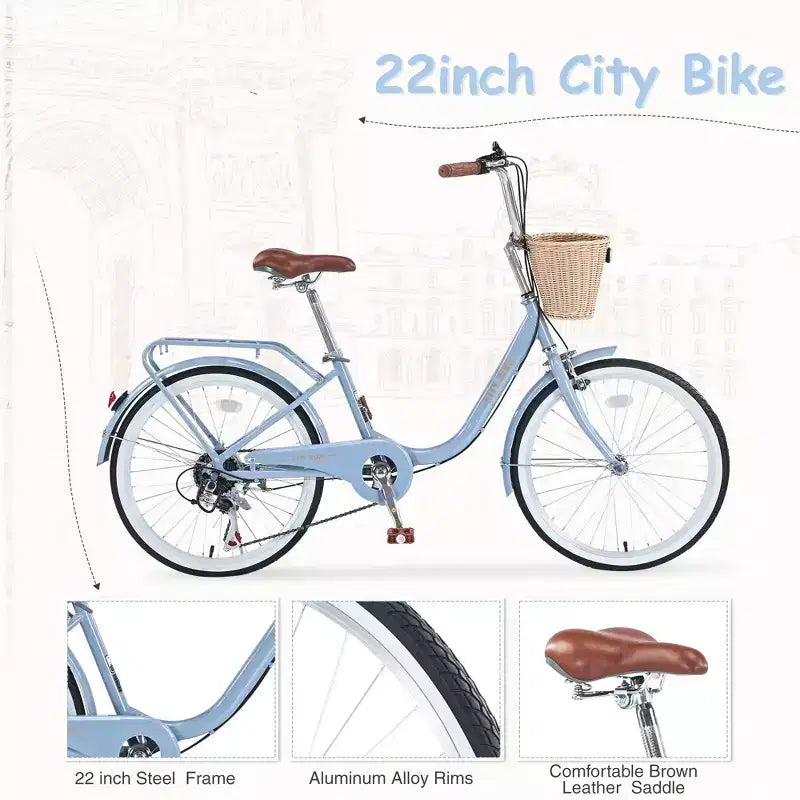 Okak 22-Zoll-Cruiser-Fahrräder mit Frontkorb, Mädchenfahrrad mit Stahlrahmen, V-Bremse und Komfortsattel, Fahrrad für Mädchen und Frauen