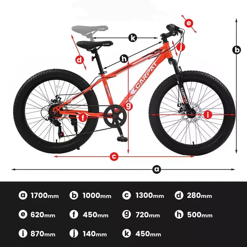 NAYSAYE 24 Zoll Fatbike Mountainbike mit 7-Gang-Schaltung und doppelten Scheibenbremsen für Erwachsene und Jugendliche, Orange, 67*25*40