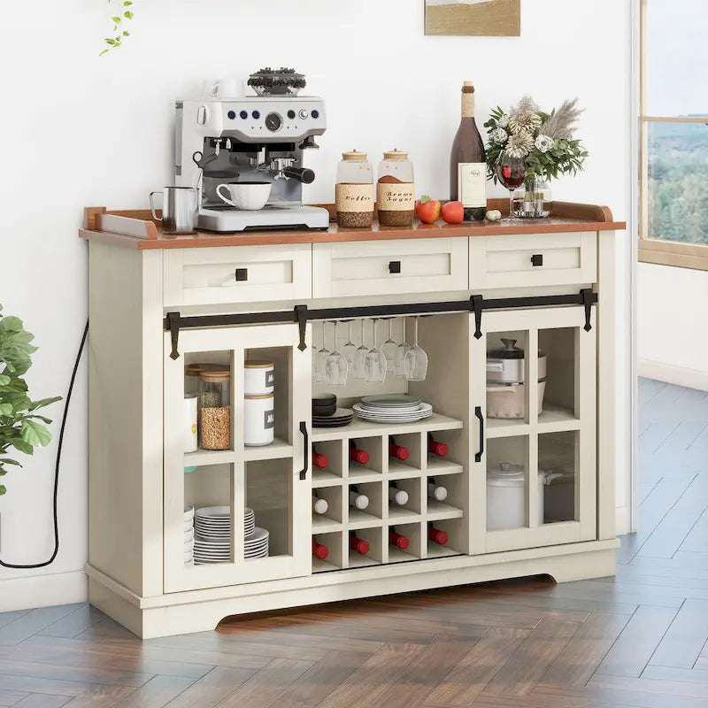 53-Zoll-Buffetschrank im Scheunentor-Stil mit Kaffeebar, Weinregal und Stauraum für die Küche