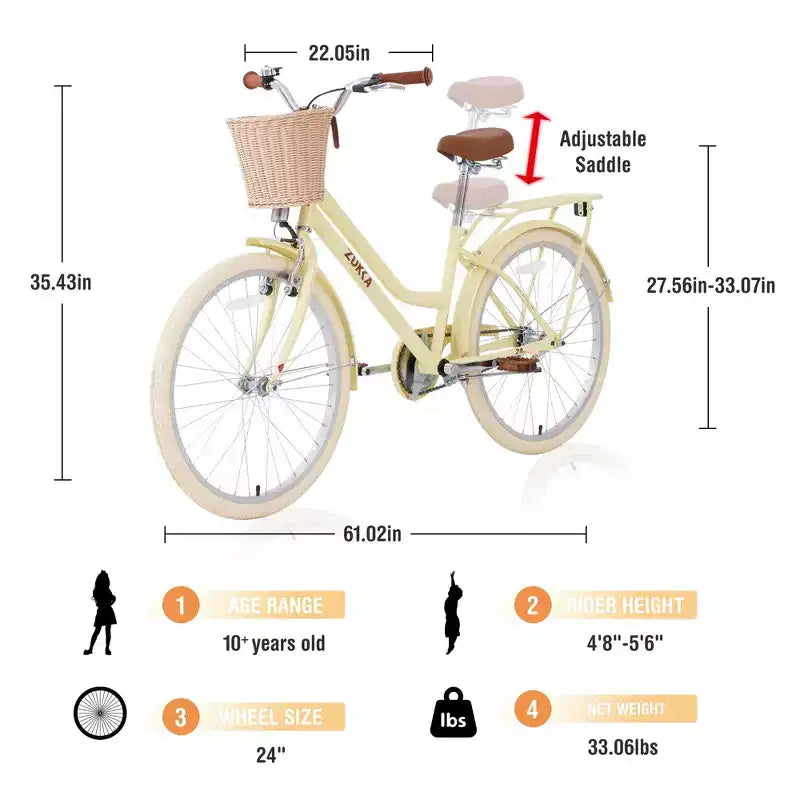NAYSAYE 24 Zoll Mädchen-Cruiser-Fahrrad, Speed-Hybrid-Citybike für Jugendliche von 7-10+ Jahren mit Weidenkorb & Gepäckträger, Kinderfahrrad