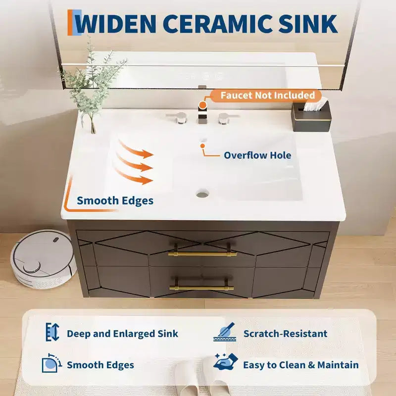 Modernes hängendes Badezimmer-Waschtischset mit Waschbecken – Wandmontierter Unterschrank mit Soft-Close-Schublade und goldenem Griff, Größe 24 oder 30 Zoll