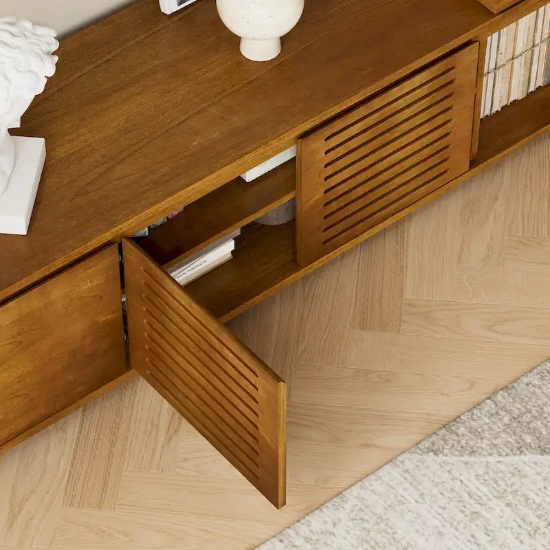 Erweiterbarer Mid-Century TV-Schrank mit 4 Staufächern und Lochtür für Wohnzimmer-Entertainment-Center