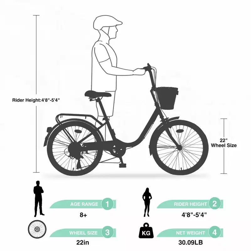 Okak 22-Zoll-Cruiser-Fahrräder mit Frontkorb, Mädchenfahrrad mit Stahlrahmen, V-Bremse und Komfortsattel, Fahrrad für Mädchen und Frauen