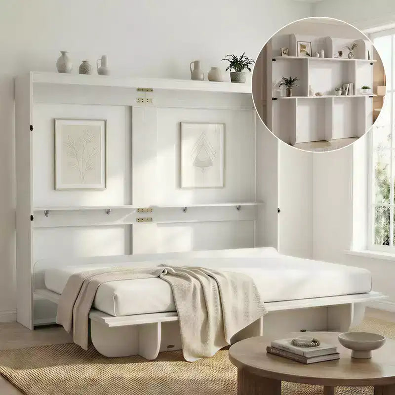 2-in-1 Unsichtbares Murphy-Bett mit Ablagefächern, Queen-Size, Naturholz (Matratze nicht enthalten)