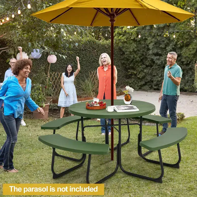 Costway Outdoor 8-Personen-Rund-Picknicktisch-Bank-Set mit 4 Bänken & Sonnenschirmloch Schwarz/Grau/Grün/Weiß
