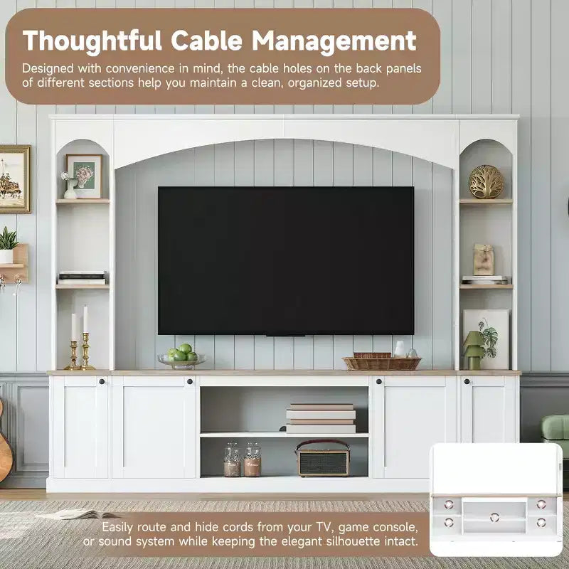 Whisen 91 Medienkonsole, gewölbte Entertainment-Center-Wandkombination im Landhausstil mit Bücherregal, Holzmaserung, für Fernseher bis zu 70 Zoll