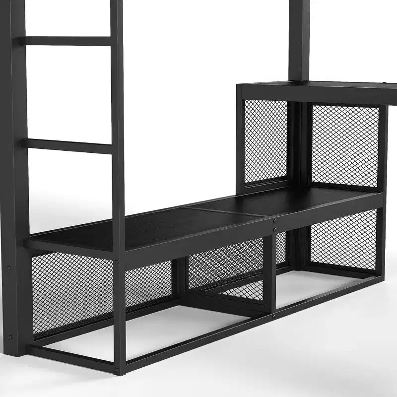 Bellemave Queensize-Metallhochbett mit Schreibtisch, Ablagefächern und Kleiderstange, platzsparendes Hochbettgestell mit Schutzgittern und Leiter, kein Lattenrost erforderlich, Schwarz