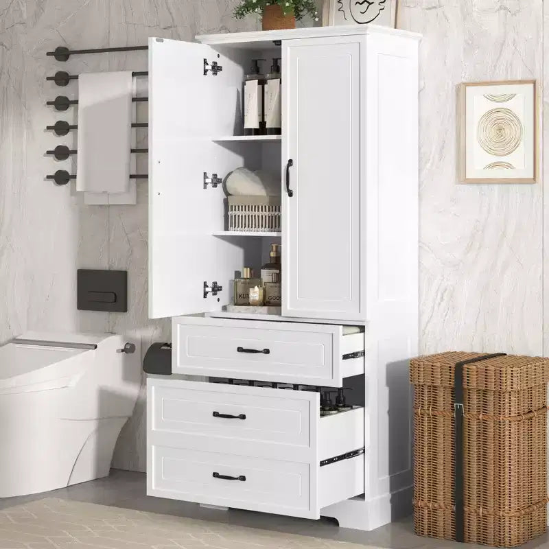 Badezimmerschrank, freistehender Schrank mit verstellbarem Einlegeboden, 2 Schubladen und 2 Türen für Badezimmer, Heimbüro, Küche, Wohnzimmer, Schlafzimmer