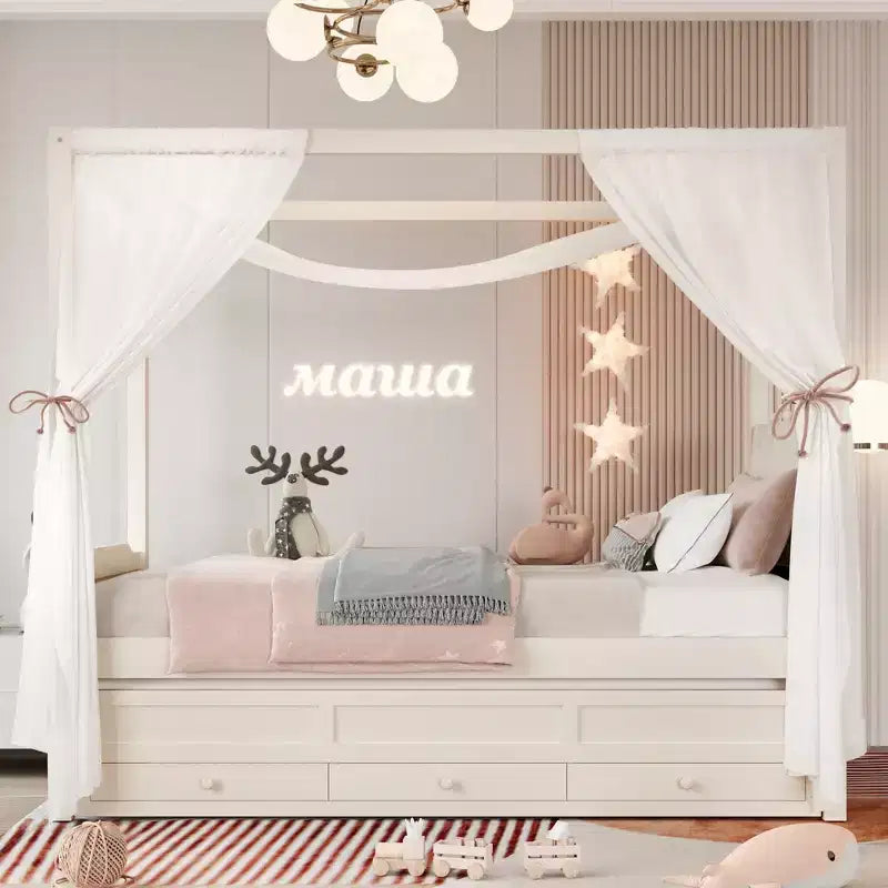 Doppel-/Einzelbett-Plattformbett mit Ausziehbett, Prinzessinnen-Himmelbett aus Holz mit 3 Schubladen, Stauraumbett mit gepolstertem Kopfteil für das Schlafzimmer