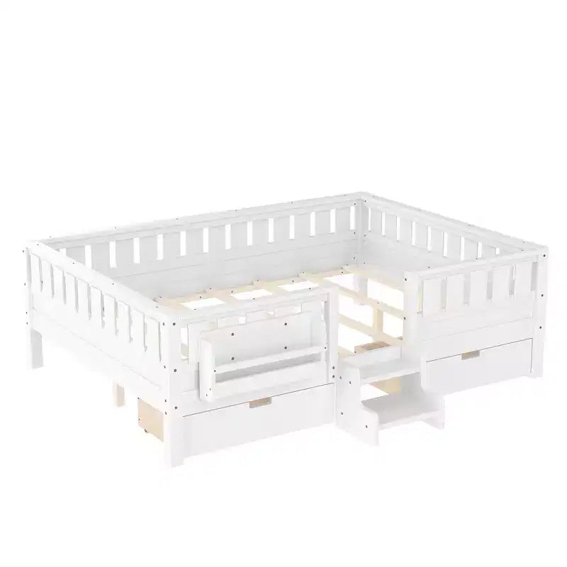 Bellemave Queen-Size-Kleinkindbett mit 14 Sicherheitsgeländern, platzsparender Bettrahmen mit integrierten Bücherregalen & 2 Schubladen unter dem Bett