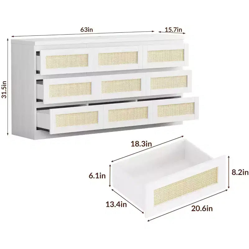 Kommode fürs Schlafzimmer, Rattan-Kommode mit 9 Schubladen für den Kleiderschrank, Doppelholz-Kommoden & Schubladenschränke