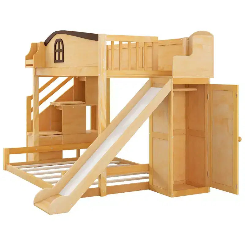 Etagenbett (90x200 cm oben / 140x200 cm unten) mit Rutsche, Regalen, Treppe mit Stauraum und Kleiderschrank für das Kinderzimmer