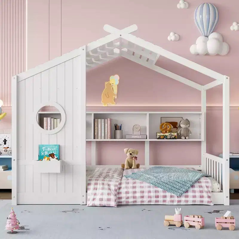Bodenbett für Kinder in Twin-Größe, Montessori-Hausbett mit Ablagefach und Dachdesign