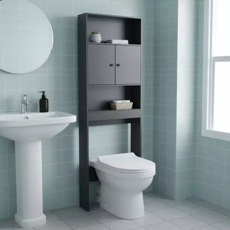 FurnitureR Toilettenregal mit Schrank, 3-stufiges Badregal mit Doppeltüren und offenen Ablageflächen, freistehendes Badezimmerregal, 76,38 Zoll hoch