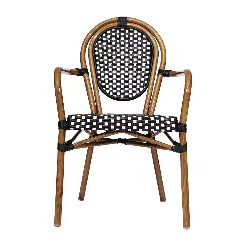 Flash Furniture 4er-Set Lourdes Indoor/Outdoor Gastro-Bistro-Stapelstuhl mit Armlehnen im Thonet-Stil, PE-Rattan und Aluminiumgestell