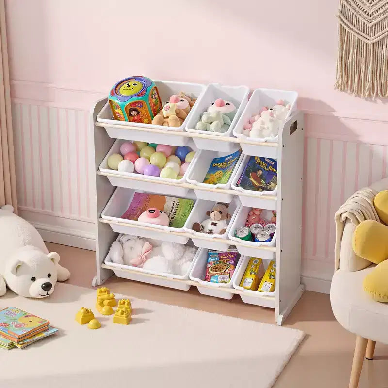 VECELO Kinder-Bücherregal mit Spielzeugaufbewahrung und 12 Körben, Spielzeugregal aus Holz für Kleinkinder, geräumige Spielzimmeraufbewahrung für Bücher oder Spielzeug