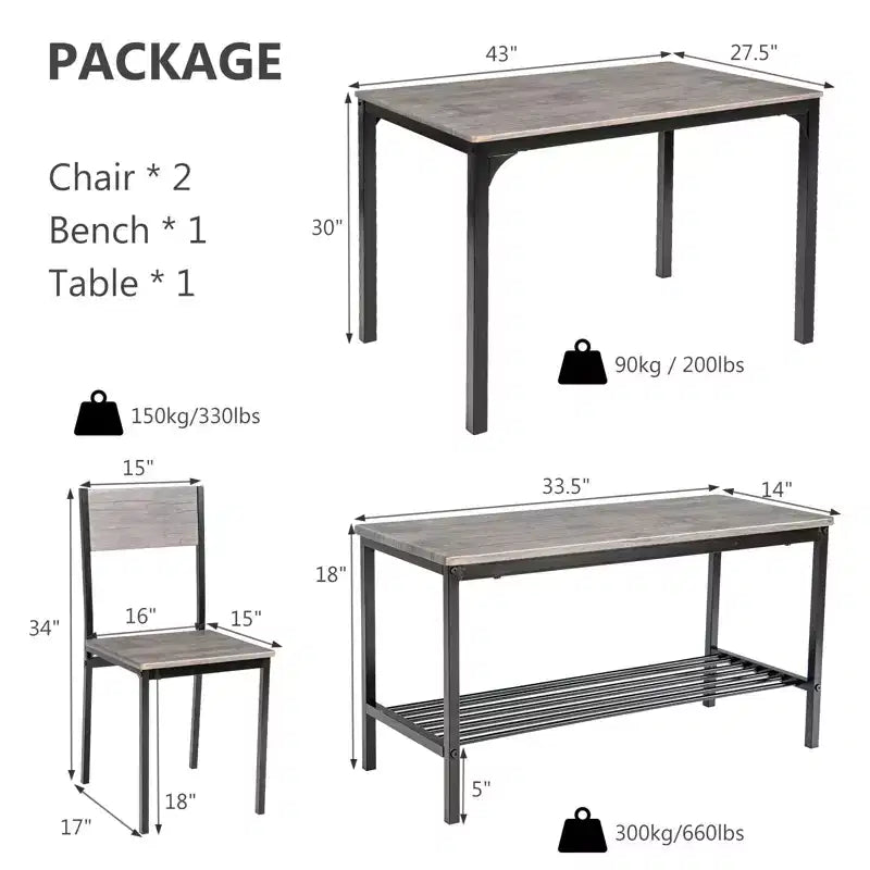 Costway 4-teiliges Esszimmertisch-Set, rustikaler Tisch, 2 Stühle & Bank mit Ablagefach
