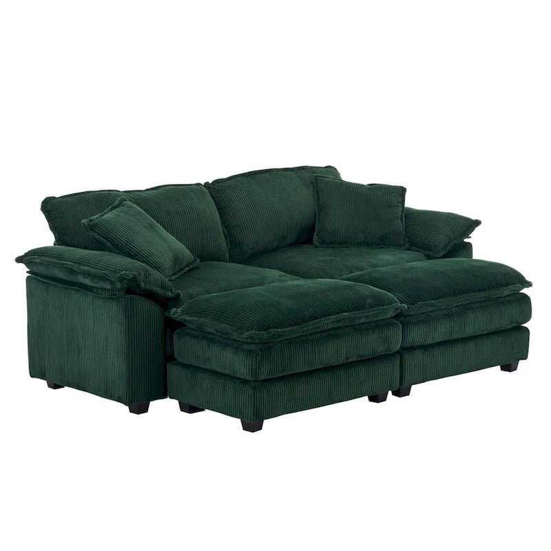 Modernes 2-Sitzer-Sofa aus Cord mit 4 Stützkissen und 2 Hockern